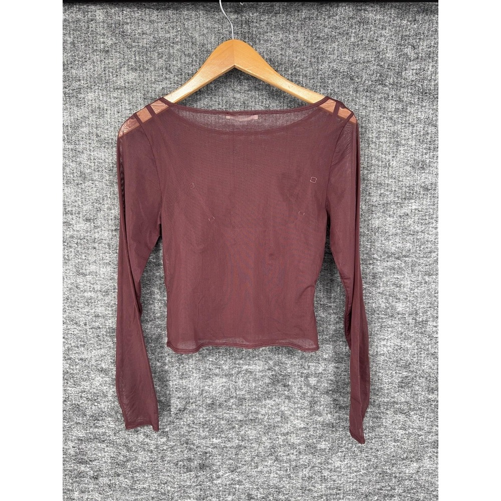 Abercrombie & Fitch Blouse Womens M Purple Sheer Mesh Boat Neck Cropped Top - Picture 7 of 7